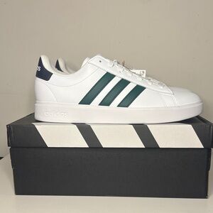 Adidas White Sneakers with Dark Green Stripes